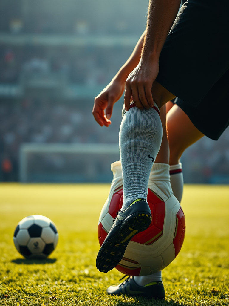 A cinematic close up of the arms of a soccer player helping up another soccerplayer who have fallen, ultrarealistic