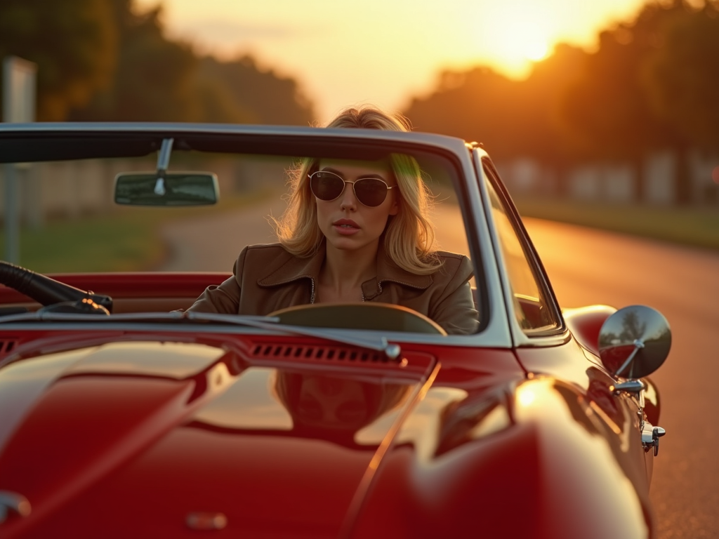 A beautiful blond female influencer drives her red Corvette C7 down a suburban road, She is wearing sunglasses and a brown leather jacket. Time of day is golden hour