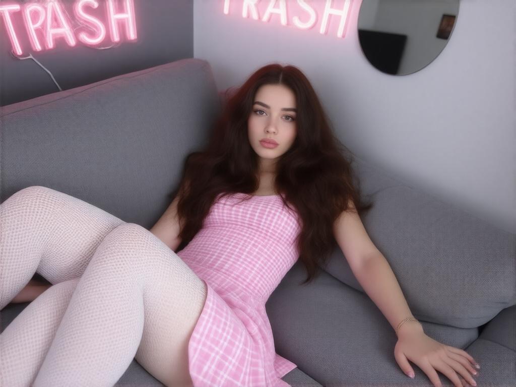 A casual photo of Here's a description of the image:

Close-up, high-angle selfie of a young woman with long, dark brown hair. She's lying on a gray couch, her legs raised and her feet visible in the upper part of the frame. She is wearing a pink plaid pleated skirt and white fishnet stockings.  Her expression is somewhat serious or neutral.  The focus is on her face and upper body, with her feet and part of her legs visible above.  The background shows a portion of a room with gray walls, a mirror reflecting part of the ceiling and lighting fixtures, and a neon pink sign that reads “TRASH” partially visible. The lighting appears to be soft and natural. The overall aesthetic is somewhat intimate and styled, suggesting a posed photograph or social media post.. It's a casual photo.