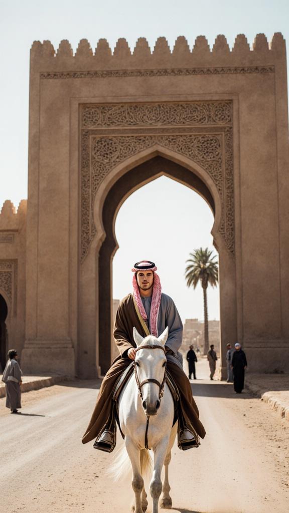 Draw 9:16 ration a hyper realistic and cinematic image.Cristiano Ronaldo is wearing traditional Arabic cloth (brown and grey (thobi) and (rea and white keffiyeh) and riding a (white) horse.A large arched gate, representing the entrance to the city. This appears to be an Islamic or Middle Eastern-style building, made of mud, limestone, or stone. Background: A few people are standing across the gate, and a palm tree is visible in the distance. The road is dirt and dusty, giving the impression of a rural area.