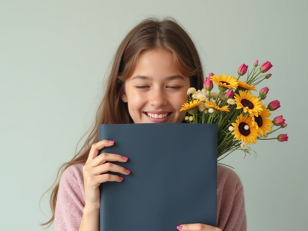 create a photorealistic image of a young european student doing Peek-a-boo movement using a diploma in one hand (thin dark blue folder) and a bouquet of of flowers in the other. The face expression should be fun, enjoying the game, the face is not visible fully, partially covered with folder and flowers that she is holding .It is summer. Make the face expression more playful, head in half turn, she should be holding only one folder
