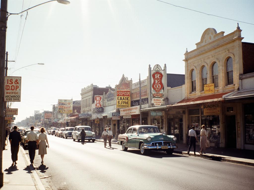 A bustling Australian street scene in the 1950s, rendered in photorealistic detail with a hint of nostalgic warmth, features vibrant shopfronts displaying vintage signage, pedestrians in period attire strolling along a sun-drenched sidewalk, and classic cars parked haphazardly.  The atmosphere is lively yet peaceful, conveying a sense of everyday life in a bygone era.  The composition uses a wide-angle perspective, emphasizing the depth and activity of the street.  The overall style is reminiscent of classic photography, capturing the essence of mid-century charm.
