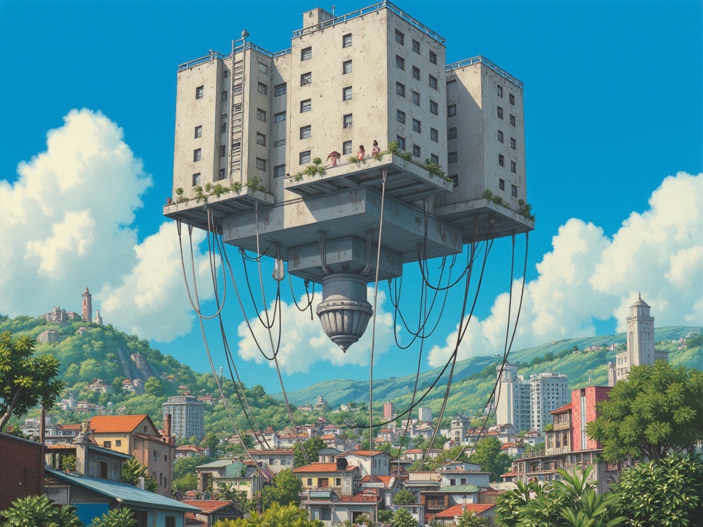 Epic artwork of a massive brutalist building floating above a favela in a tropical landscape, the large brutalist building has large wires and cables hanging from it, cinematic art