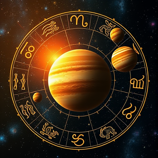 A cosmic display of planets with zodiac signs floating near their rulers, glowing with radiant astrological energy.