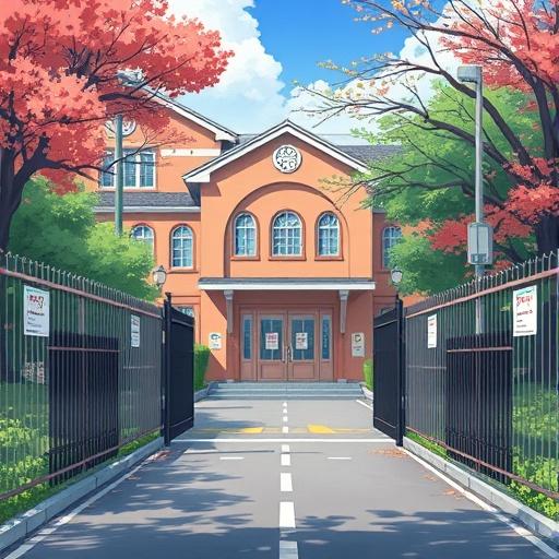 the-entrance-to-a-school-surrounded-by-fences-in-xa579nd6by