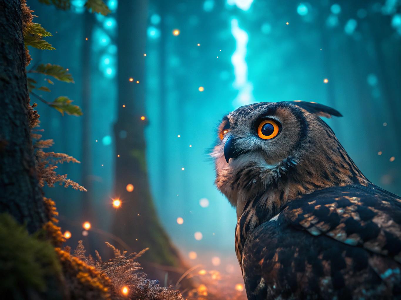 portrait | wide angle shot of eyes off to one side of frame, lucid dream-like 3d model of owl, game asset, blender, looking off in distance ::8 style | glowing ::8 background | forest, vivid neon wonderland, particles, blue, green, orange ::7 parameters | rule of thirds, golden ratio, assymetric composition, hyper- maximalist, octane render, photorealism, cinematic realism, unreal engine, 8k ::7 --ar 16:9 --s 1000