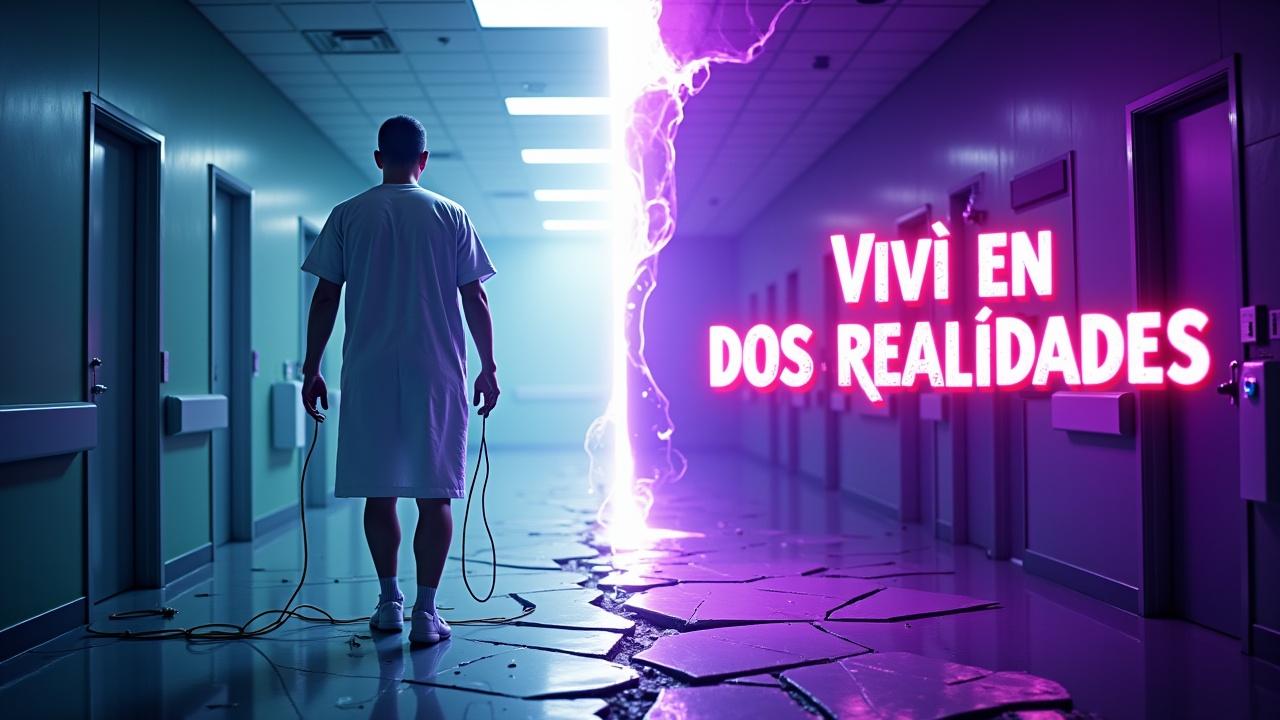 Ultra-detailed cinematic digital artwork, 16:9 aspect ratio. A man stands at the center, split perfectly in two by a glowing vertical rift: his left side is in a cold, sterile hospital room lit with harsh white lights — he's in a hospital gown, looking weak, confused, wires attached to his head; his right side is in a surreal, glowing alternate dimension filled with dark purples and floating geometric shapes — he looks powerful, floating, eyes glowing faintly. Behind him, two contrasting backgrounds: one clinical and real, the other ethereal and dreamlike. The floor beneath him is fractured like glass, suggesting the collapse of both realities. Cinematic lighting and shadows. Add bold Spanish text in chunky MrBeast-style font: “VIVIÓ EN DOS REALIDADES” — glowing, outlined, and easily readable even at small size. High tension, strong colors, thumbnail composition, YouTube eye-catching style.