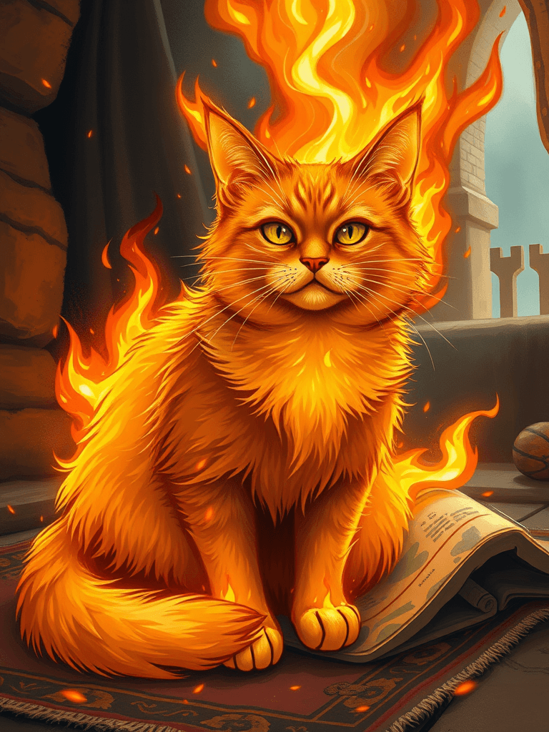 Un dessin très réaliste de chat roux qui etincelle de tout son corps. Il brille de partout tel des flammes iradiantes. Comme s'il était enflammé,  mais c'est lui les flammes.
 Il est posé sur un coussin dans un coin d'un château.
Le dessin est très détaillé sur les flammes et tres realiste, proche d'une  photo