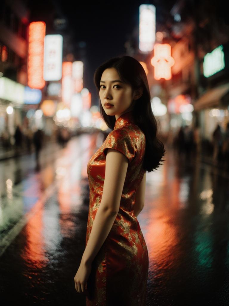 A beautiful young woman in a vintage Hong Kong cheongsam-inspired dress, with a melancholic expression, stands on a rain-slicked Hong Kong street at night, neon lights reflecting. She slowly turns her head with a subtle, thoughtful gaze. Cinematic medium shot, warm neon side light, shallow depth of field, slight lens push, Wong Kar-wai 90s Hong Kong cinema aesthetic.