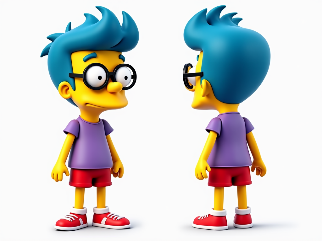 Generate a full-body 3D-style illustration of Milhouse Van Houten from The Simpsons, shown in two separate views: front view and back view side-by-side. He should have his iconic blue hair, large round glasses, red shorts, purple T-shirt, and red shoes. The style must match the original Simpsons cartoon style — clean lines, flat shading, bright colors. Milhouse should be standing still in a neutral pose, arms slightly out. Background should be plain white or light gray. Keep consistent lighting and proportions between both views."