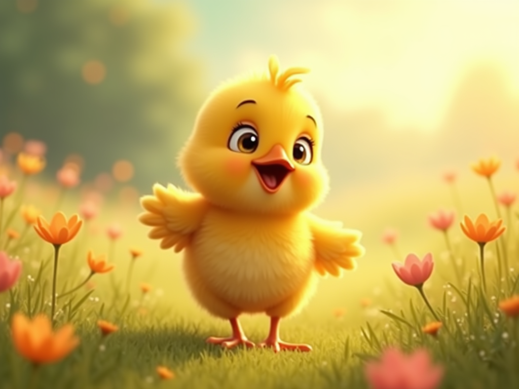 
A cute baby chick walking in a sunny meadow full of flowers, singing happily, soft lighting, warm colors, animated movie style
