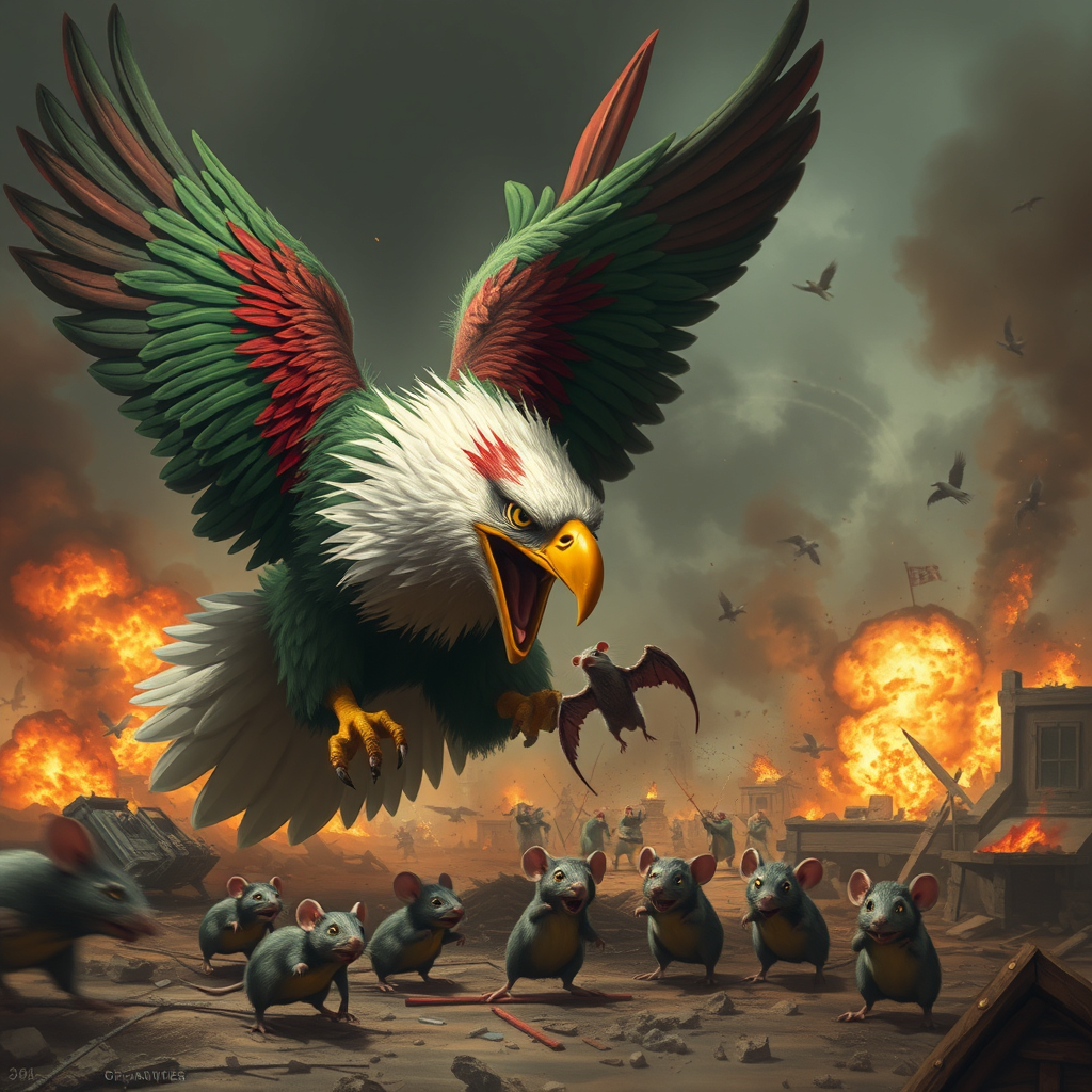 An angry eagle with green, red, and white feathers attacks frightened mice on a battlefield filled with smoke, explosions, fire, and destroyed buildings.