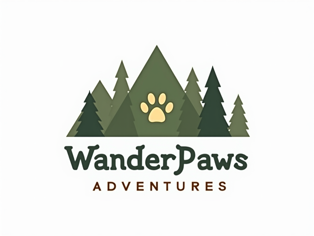 WanderPaws Adventures is a pet hiking and outdoor adventure service based in a scenic, forested town. Founded by a former park ranger, the business offers guided nature hikes for dogs, focusing on safety, enrichment, and joy. Make a logo that reflects an adventurous, outdoorsy vibe with elements like mountains, trees, and a dog or pawprint—designed to look great on gear like trail vests, water bottles, and the company van. make the logo on a blank white backround