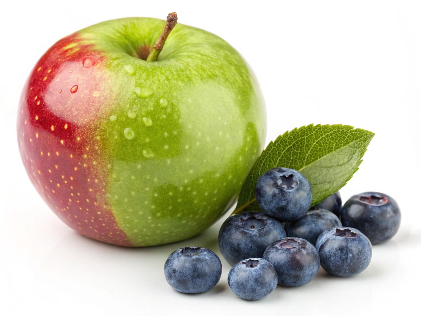 A fresh, vibrant GREEN apple. The glossy skin reflects soft light, highlighting its natural texture and deep red hue with subtle yellow speckles. In front of the apple, a few pieces of blueberry are neatly arranged, showcasing their rich color and juicy texture. The composition is clean and minimalistic, with a pure white background enhancing the fruit’s natural beauty and freshness.