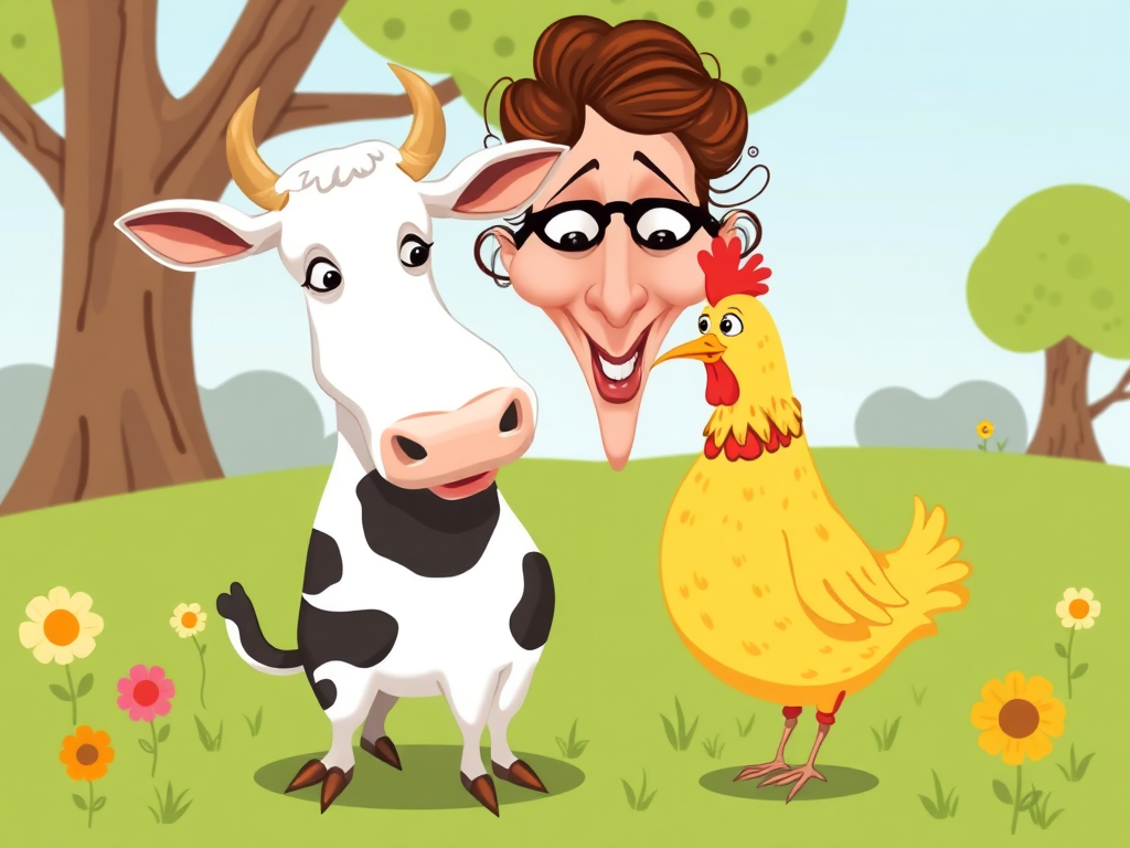 A whimsical caricature of Mom of "cow and chicken"
