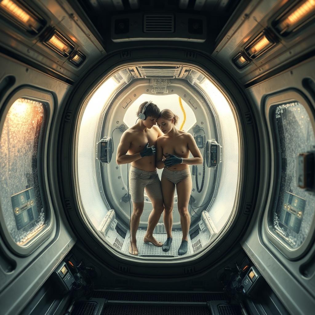 A realistic science fiction depiction of survival. Inside a tiny, elongated, transparent orbital elevator, temporarily adapted to aid survival during a lack of oxygen, food, and heating, two human figures—a young man and a woman—are squashed together like canned fish for warmth and survival. The elevator is a single-person facility, and in such a cramped space, they are largely unclothed. The elevator's thermal insulation and close proximity provide warmth. They press their chests together. Their skin is partially visible, but parts of their bodies are obscured by oxygen tubes, nutrient dispensers, and waste recycling devices. They are not wearing unnecessary equipment such as headphones. However, they do have vital signs monitored. The elevator stands in the center of an orbiting base. The room is cold, with frosted portholes. Only the elevator containing the people inside is not frosted. The entire figure appears vulnerable but determined, illuminated by the dim, warm sunlight streaming through the porthole. Frost covers the base's windows, but not the people inside. Electronics glow dimly, and the atmosphere is tense, emphasizing the necessity of survival in the freezing vacuum of space.