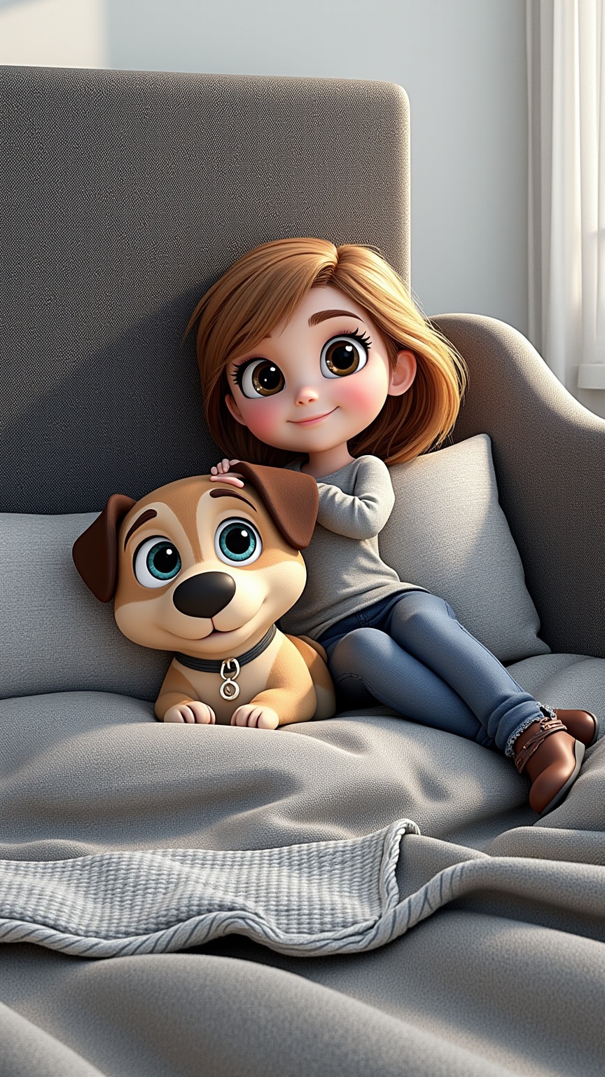 a cute character with big expressive eyes, disney pixar style
Sleepy girl and dog