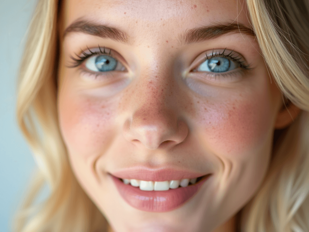 a hyper realistic closeup face portrait of a beautiful blue eyes perfect white teeth light freckled skin beautiful  full blonde hair neutral background perfect lighting vibrant colors perfect saturation stunning quality professional camera cristal clear 
copy
