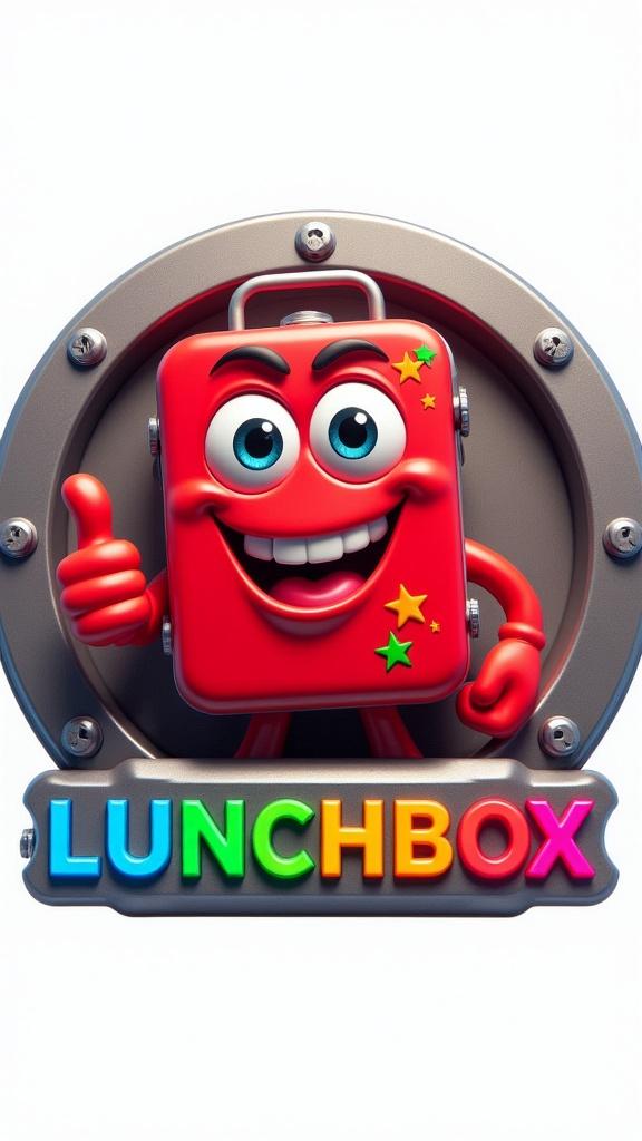 "Design a circular Pixar-style logo featuring a cheerful red lunchbox character shown from the waist up, with big expressive eyes, a wide cartoonish smile, and colorful star stickers on its face. The lunchbox has one rubbery arm bent in a confident pose, giving a large, exaggerated thumbs-up. Its design should have smooth, polished shading with soft Pixar-style lighting. Frame the character inside a bold circular border with a carbon fiber texture. The outer ring should look like brushed steel with beveled edges and evenly spaced bolts, mimicking a bolted-down industrial look. At the bottom of the circle, engrave the word 'LUNCHBOX' in large, bold, rounded metallic letters that follow the arc. Each letter should subtly glow in a neon color gradient—red, blue, yellow, green, and pink. Add a soft, fun glow around the entire logo to give it an inviting, animated energy, keeping it clean, vibrant, and in line with the LandscaperBob logo’s visual style."
