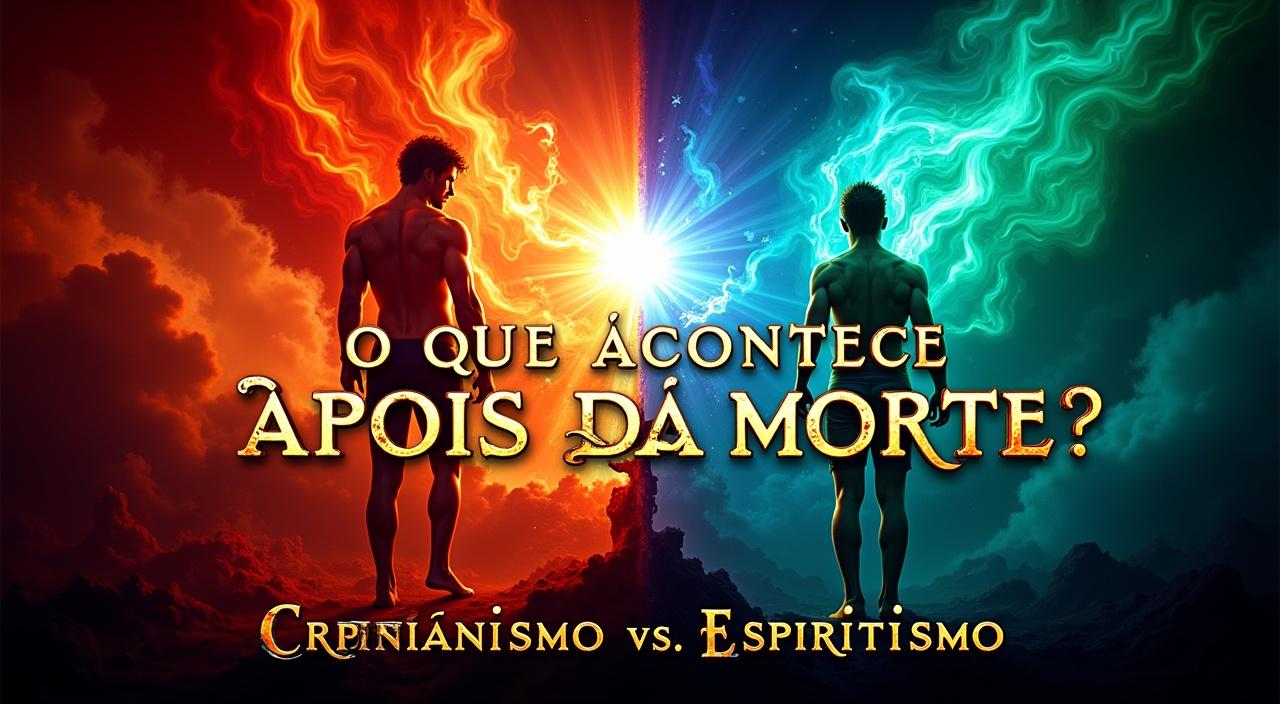 ‘Vida Após a Morte: Cristianismo vs. Espiritismo’. Divida a imagem em dois lados: de um lado, o Céu e o Inferno (representando o Cristianismo), e do outro, um espírito saindo do corpo e reencarnando (representando o Espiritismo). Use cores vibrantes, contrastes fortes e um fundo misterioso para despertar curiosidade. O título deve ser grande e chamativo, como ‘O QUE ACONTECE DEPOIS DA MORTE?’. A imagem deve transmitir mistério e debate, incentivando o clique."

