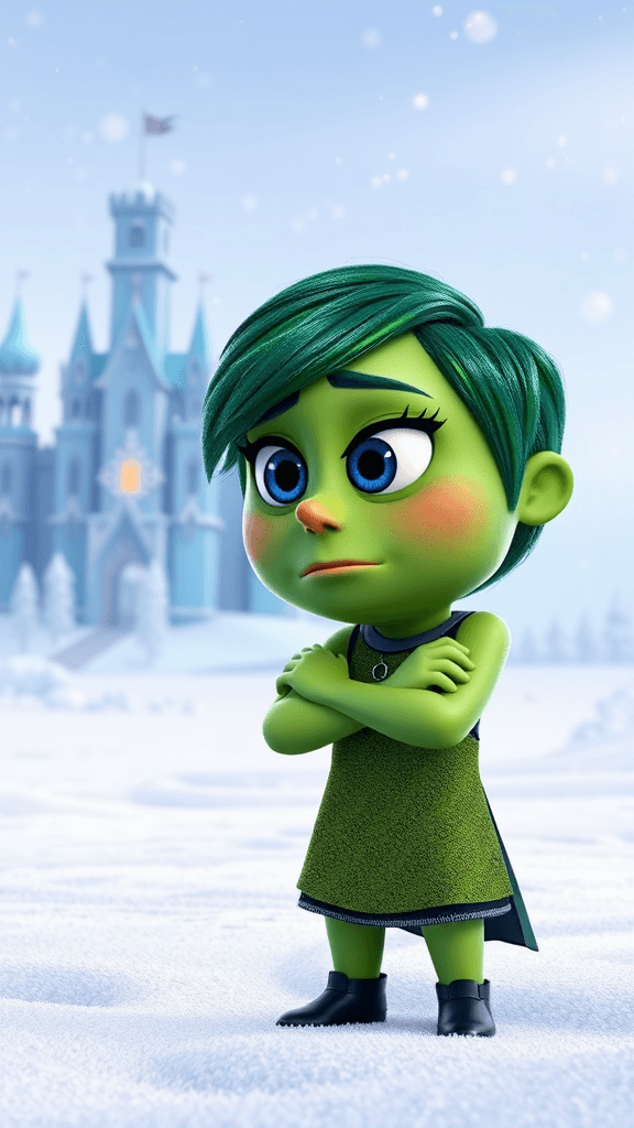 A close-up 3D Pixar-style scene of Disgust from Inside Out. She is standing in a snowy field in Arendelle, crossing her arms and wrinkling her nose in distaste. Her bright green color contrasts with the white snow, and her expression radiates sass and disdain. In the background, the icy palace of Elsa glimmers faintly, with soft snowflakes falling around her.