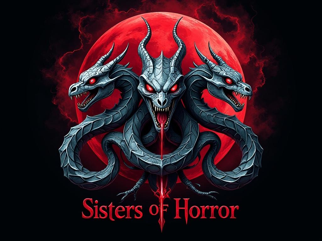 A gothic horror logo, "The Sisters of Horror," rendered in a vibrant, Art Nouveau style, features three intertwined serpentine figures, each with piercing eyes and skeletal features, against a backdrop of a blood-red moon and a swirling, inky black sky.  The logo exudes an eerie, yet elegant, atmosphere.
