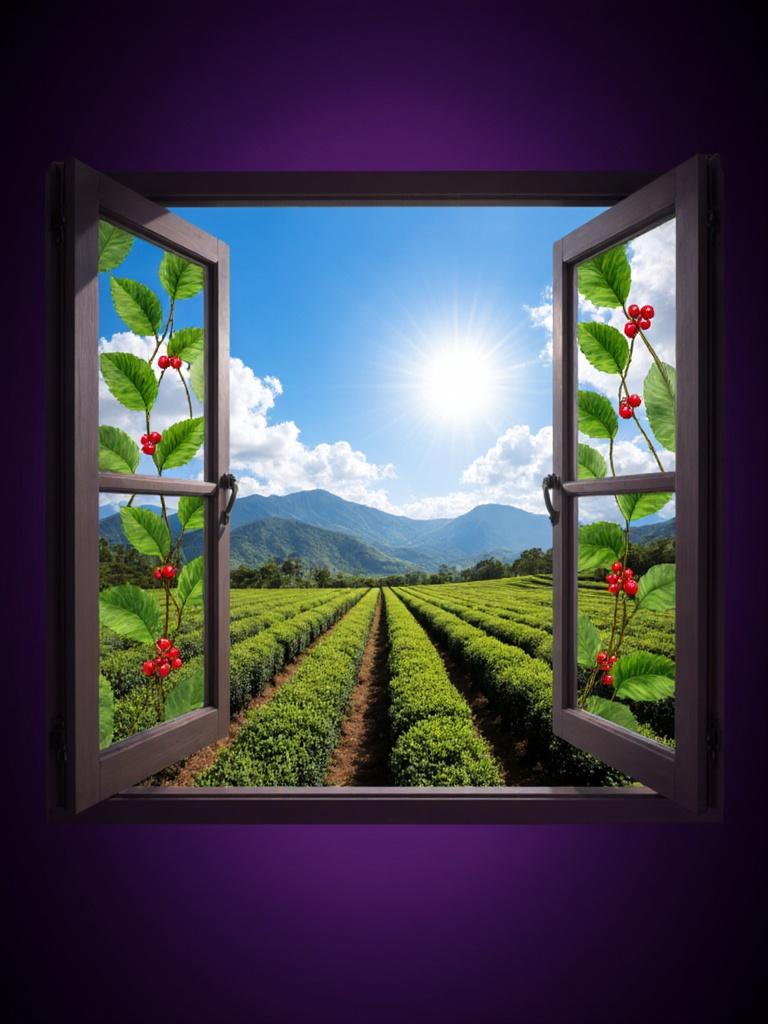 The image shows two windows with green leaves and red berries on them. The windows are set against a purple background. Through the windows, we can see a beautiful landscape of a tea plantation with rows of tea plants and mountains in the distance. The sky is blue with white clouds and the sun is shining brightly. The overall mood of the image is peaceful and serene.