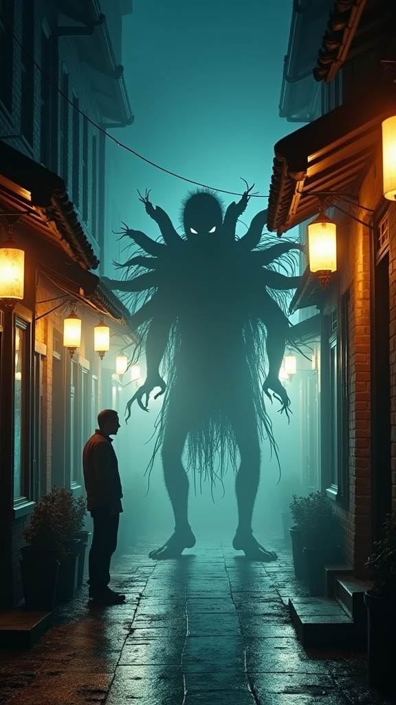 A brighter, narrow street with glowing white lanterns reflecting on wet ground. The creature halts, its many heads gazing in all directions. A man at a shop entrance stares, paralyzed. The light outlines the figure with eerie precision. Photorealistic, high contrast light, very sharp detail.