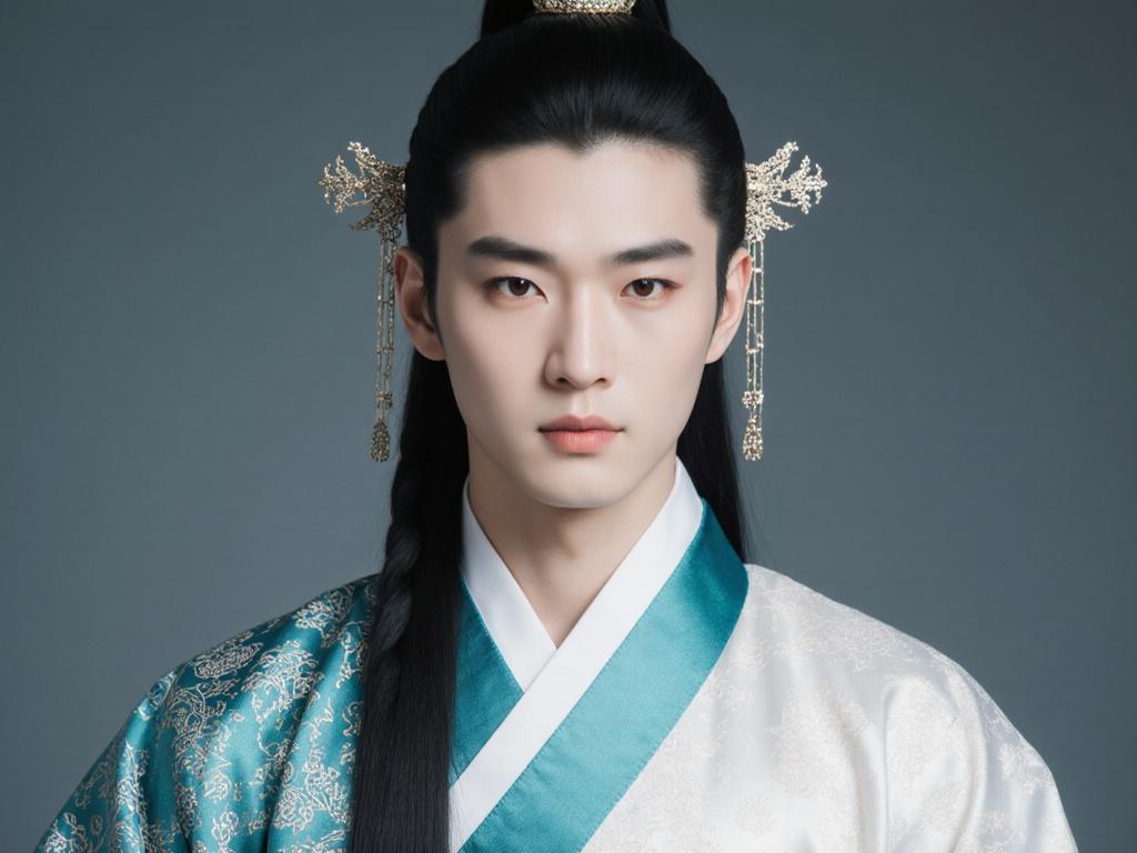 Generate a high-quality image with precise details and clarity, adhering to the specifications and composition of the attached reference image. A young man Nothern Chinese, young Prince, 24 years old, Imperial China era,wearing majestic hanfu turquoise color, white and pale dar robes with a Northern pattern, his skin is fair and the color of cream,that is physically describes her as having a face "as fresh as a raindrop", his long straight ink-black hair is tied up in a low half braid,with two pieces out with elegant and simple the Chinese hairpins and its texture is silky and smooth.From afar, Zhou Zishu seems arrogant and distant with a cold beauty to him, his face is slim and fair with thin lips which adds up to his heartless demanour,that is physically described as having a face bird-like appearance, a high bridged nose, bony and sharp cut-profile, hair tied up in a ponytail, thick eyelashes and, his eyes are bright like rich gray, he has "bird eyes". He is tall and he is lithe and muscular body, inside the Northern Palece, cinematic head-and-shoulders portrait, combining the haunting stillness of Hiroshi Sugimoto, the dramatic lighting of Gregory Crewdson.