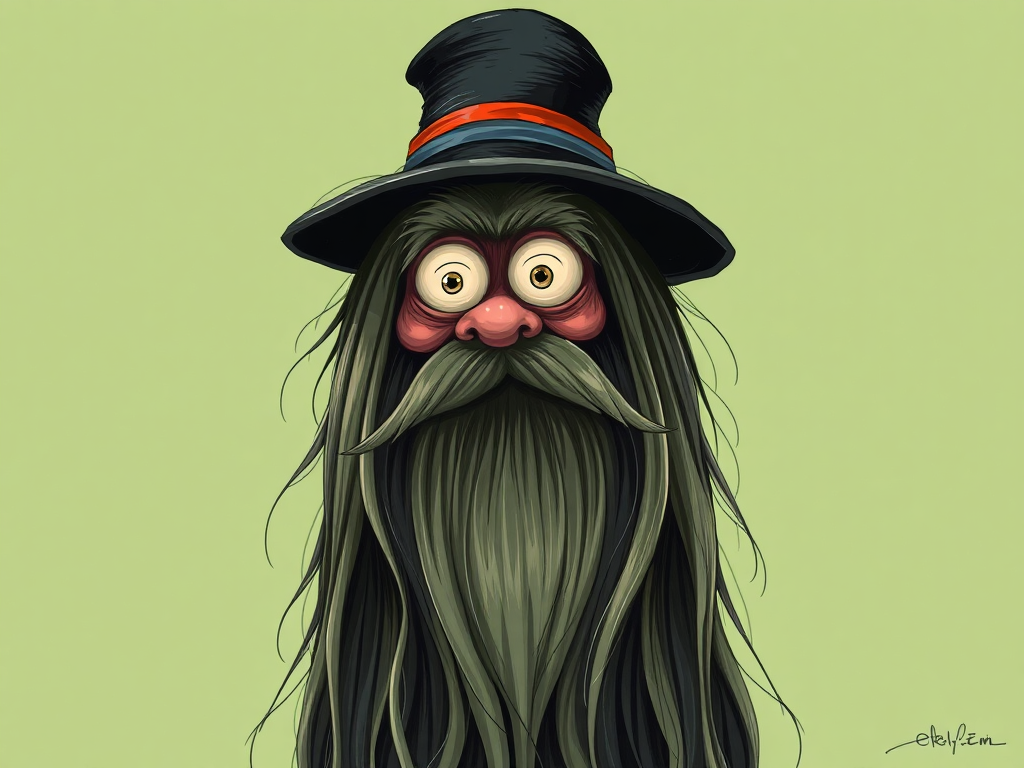 A whimsical caricature of Cousin Itt