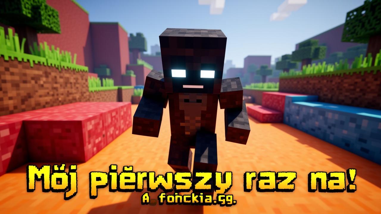 Minecraft thumbnail, 1280x720 resolution, 16:9 ratio, realistic Minecraft screenshot style with shaders, vibrant lighting and natural shadows, colorful blocks background (red nether blocks, orange and yellow sand, blue structures, green grass, tree), central character in full iron armor (helmet, chestplate, leggings, boots), character is black-skinned humanoid with glowing white eyes (Minecraft skin), dynamic pose similar to walking or running forward, bright and vivid colors, Polish text at the bottom in bold pixelated font with black outline: "Mój pierwszy raz na" on first line, "Anarchia.GG" on second line, the word "GG" in yellow color, the rest in white, text centered at bottom, composition like YouTube thumbnail, high quality, ultra sharp
