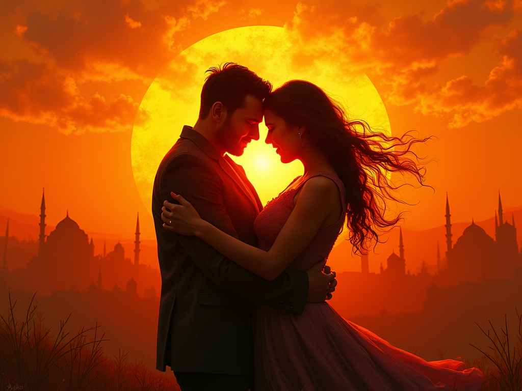 A poignant embrace, bathed in the golden light of a setting sun, rendered in a vibrant, impressionistic style; two figures, silhouetted against a fiery sky, their intertwined forms conveying a sense of profound loss and bittersweet longing, echoing the melancholic beauty of a Turkish miniature painting.
