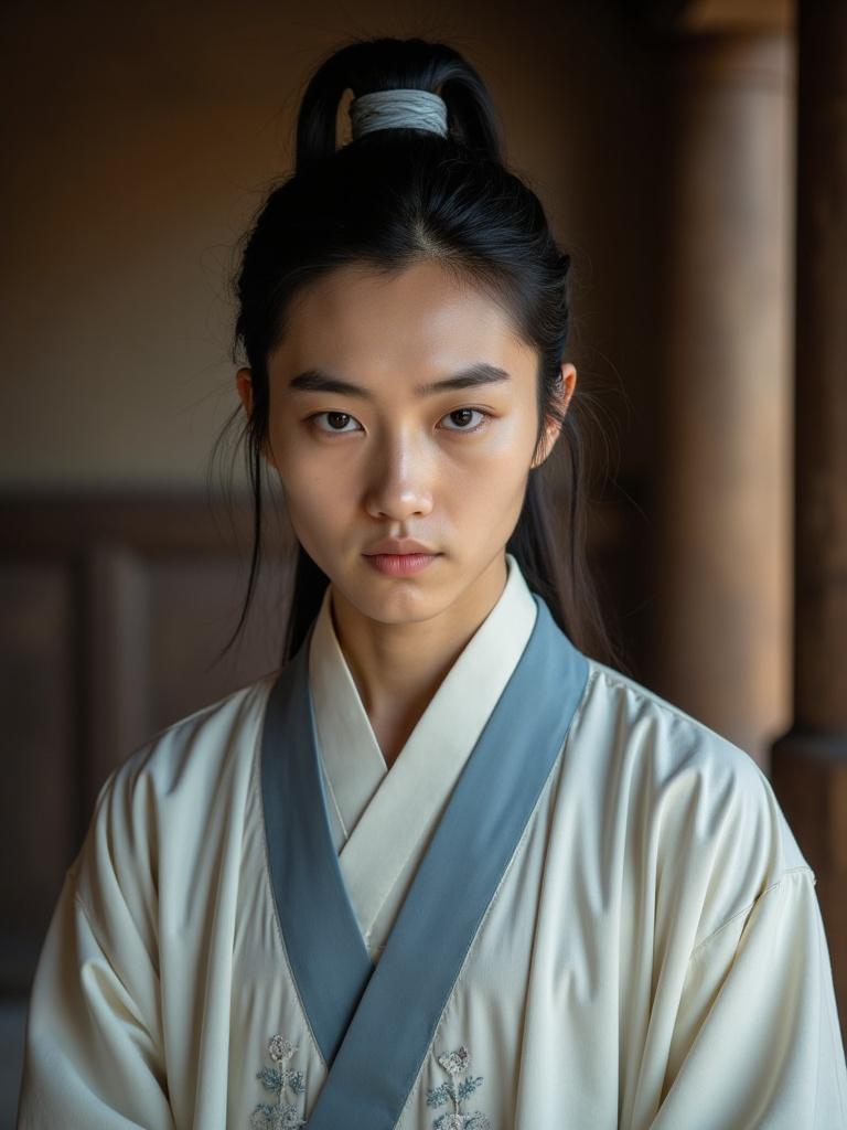 Close-up portrait of a 33-year-old young man, son of Liu Ting Yu and Huang Youming, with intense dark eyes, aquiline nose, and slender pale skin, his long black hair tied in a traditional high ponytail with grey ribbons, dressed in flowing white and pale blue robes with delicate embroidery, inside a humble Chinese hut, warm weather lighting, cinematic film still with film grain, vignette, and color grading, reminiscent of the styles of Chen Man, Wong Kar-wai, and Hou Hsiao-hsien, with a mix of traditional and elegant atmosphere.