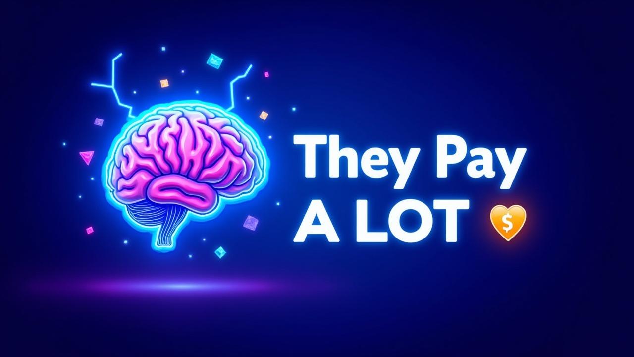 Create a striking social media graphic with an intense gradient background—either electric blue fading into violet, or bright orange blending into yellow—to capture attention in the feed.

Place a large main visual element: either a digital brain icon or an AI-style robot holding money bills.

Add a secondary element: a floating money symbol 💸 or an arrow pointing to the main keyword.

Include big, bold text (maximum 4 words), using either white or yellow letters with a black outline for high contrast. Possible phrases:

“They Pay A LOT 💰”

“With AI It’s Easy”

“Money with AI 🚀”

Apply a subtle glow effect to both the text and the money icon for extra impact.