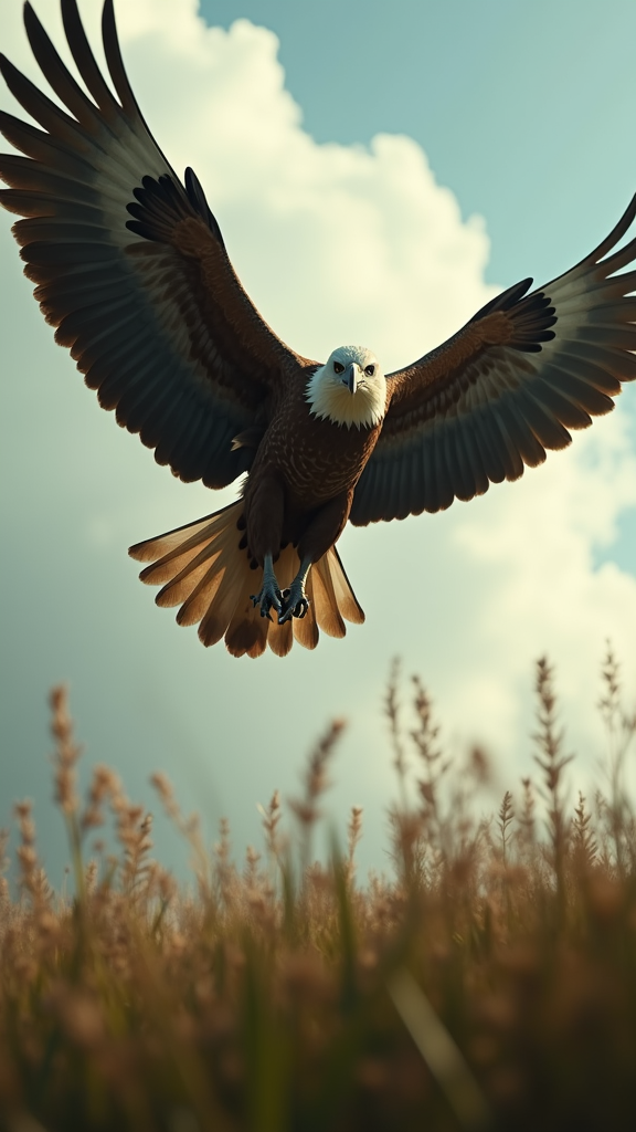 
A large, menacing eagle flying high in the sky with sharp eyes, looking down at the meadow, dramatic lighting, cinematic tension