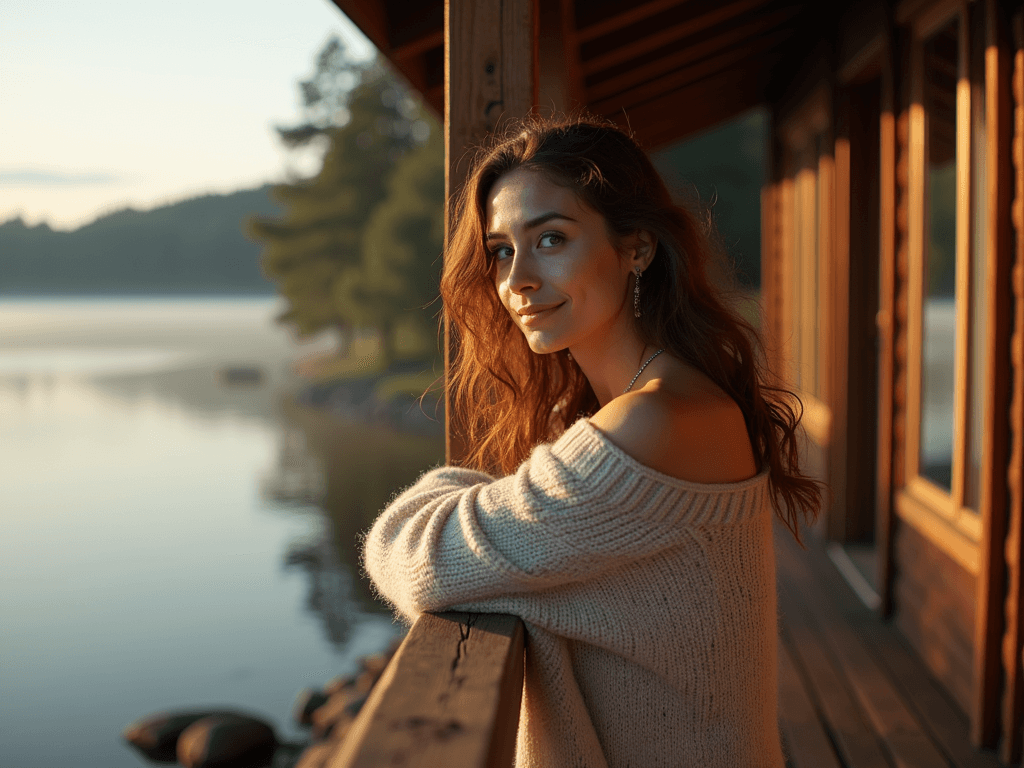 (a wide angle, full body shot that captures her from head to foot:4)She leans against the wooden railing of a lakeside cabin porch, wrapped in a cozy, oversized sweater that slips off one shoulder, revealing a hint of her smooth, sun-kissed skin. Her chestnut hair tumbles over her shoulders in loose waves, and a soft, wistful smile plays at her lips as she gazes out over the tranquil, mist-covered water. A warm, golden morning light filters through the trees, casting soft shadows that dance around her, capturing the serene beauty of a quiet, intimate moment.