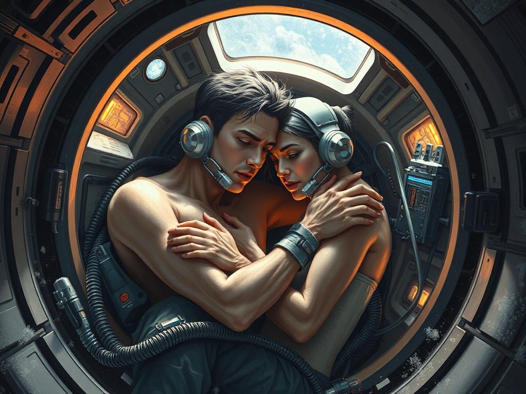 A realistic science fiction illustration of survival. Inside a tiny orbital capsule, two human figures—a young man and a woman—are huddled together for warmth and survival. Their skin is partially visible, but parts of their bodies are obscured by oxygen tubes, nutrient dispensers, and waste recycling devices. The figures appear vulnerable but determined, illuminated by the dim light streaming through the porthole. Frost covers the capsule's windows, but not the people inside, as they huddle together, warming each other. Electronics glow dimly, and the atmosphere is tense, emphasizing the necessity of survival in the freezing vacuum of space.