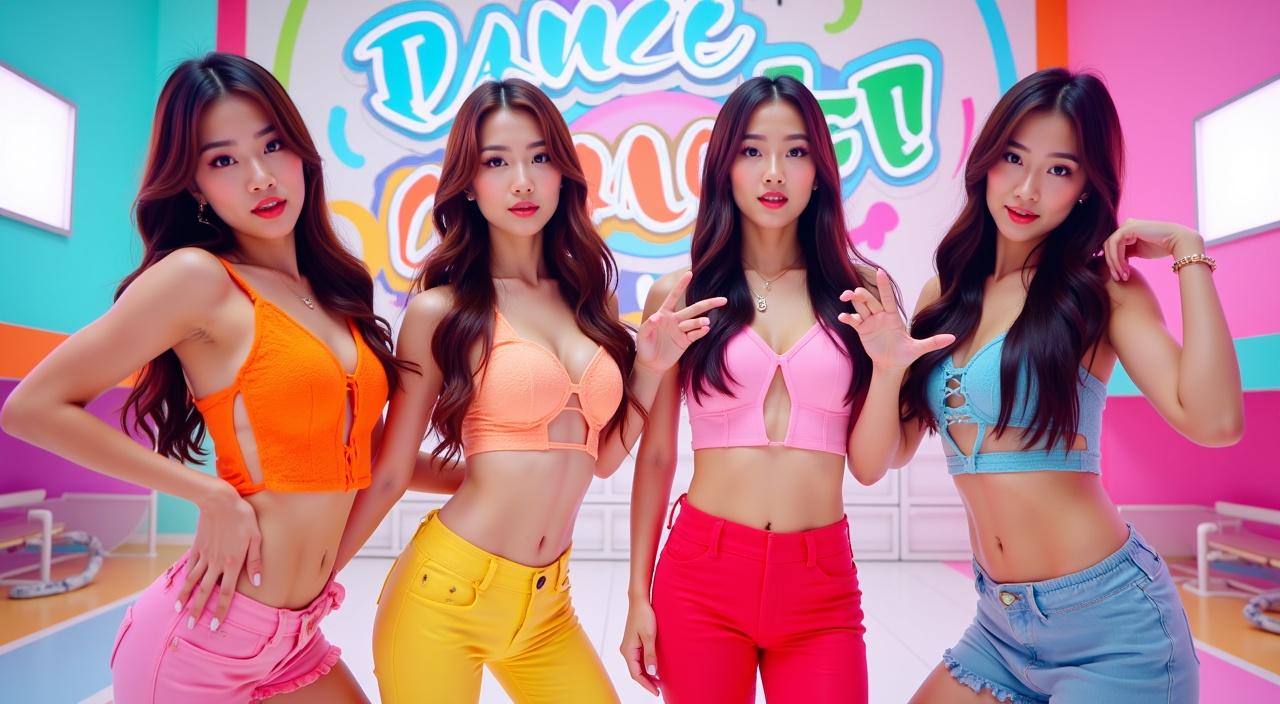 4명의 동양인 미녀, 한국 걸 그룹이야. 나이는 18살인, 이들이 주인공인 뮤직비디오야! 그리고'Dance Dance GO' 로고가 들어가야 해.
