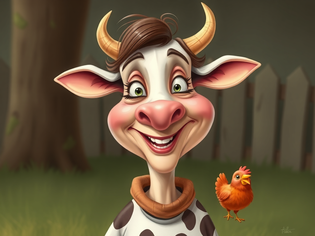 A whimsical caricature of Mom of "cow and chicken"
