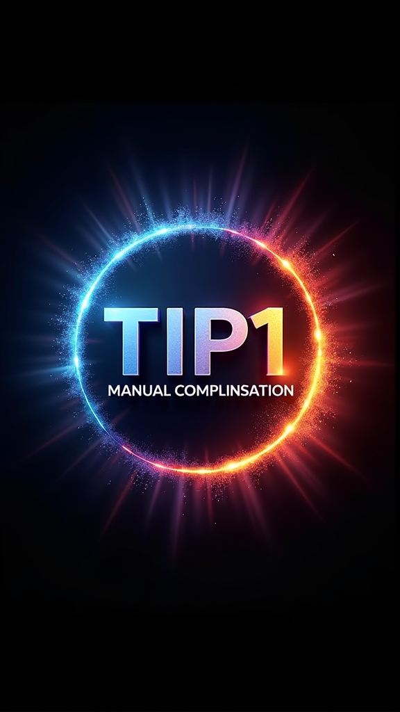 A vibrant, circular logo design featuring 3D text "TIP1 MANUAL COMPENSATION" in bold, futuristic sans-serif, radiating energy;  a gradient of electric blue to fiery orange, set against a deep black background, conveying technological precision and dynamic compensation.
