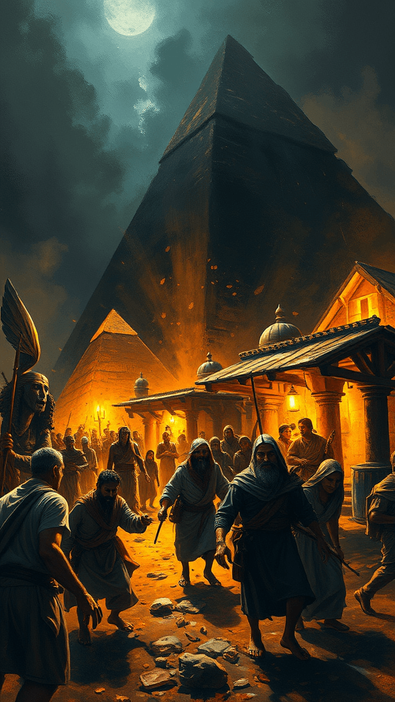 A terrifying, supernatural darkness engulfs Egypt; terrified Egyptians stumble, their faces etched with fear, contrasting sharply with the warm, inviting glow emanating from Hebrew homes, a scene rendered in a chaotic, expressive, almost impressionistic style, evoking the biblical plague of darkness.
