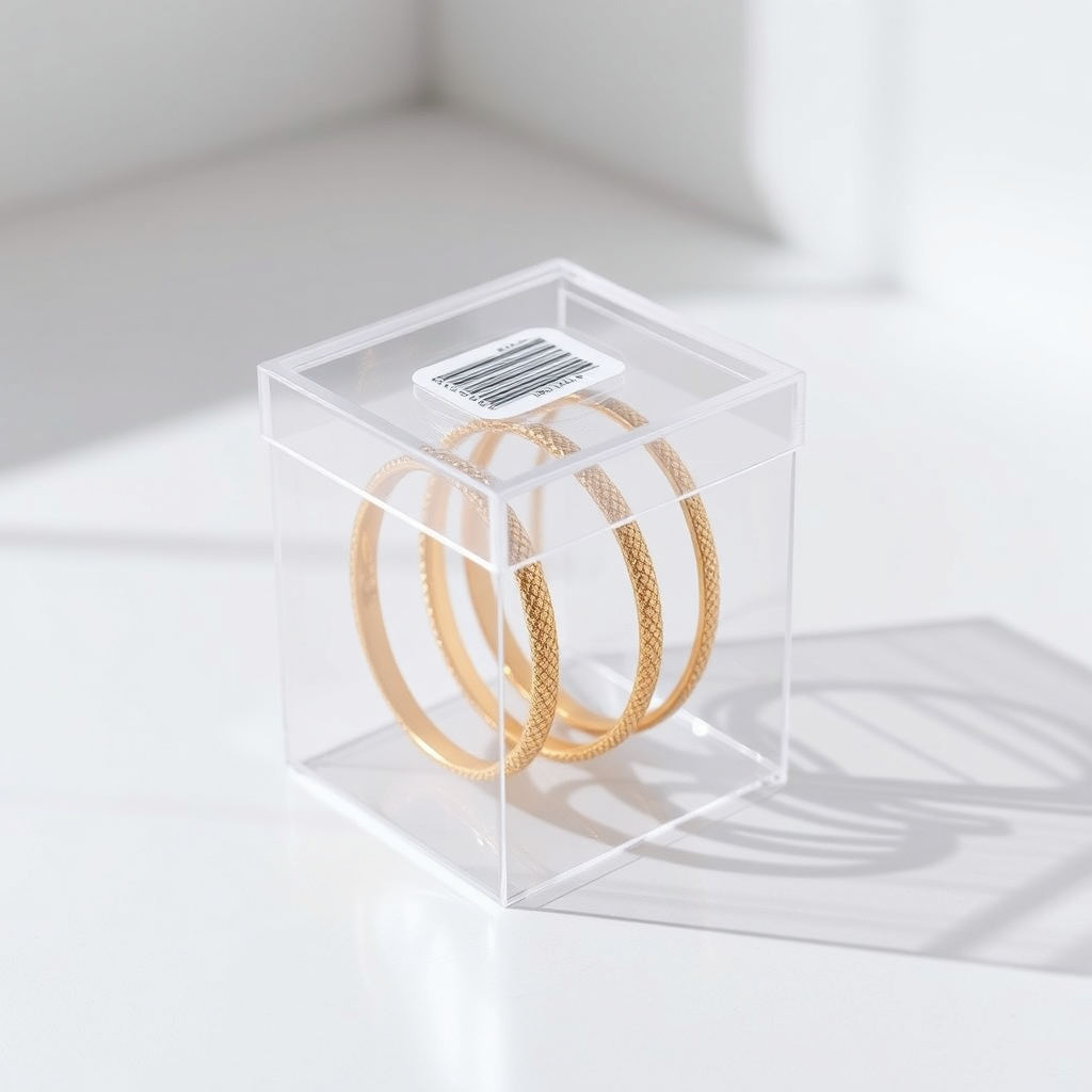 clear closed plastic big storage box in vertical position on white surface. Contains four golden textured bangles visible through translucent lid. Barcode sticker on top. Professional product photo with bright lighting and clean shadows. Minimalist commercial style.