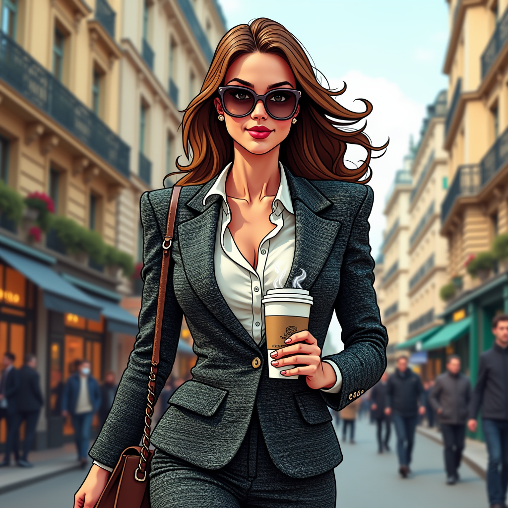 A stylish professional woman, impeccably dressed in a Chanel-inspired tweed suit, strides confidently down a bustling Parisian street, a steaming cup of coffee in hand; manga style, vibrant colors, dynamic lines, expressive eyes, detailed background showcasing Parisian architecture, conveying a sense of sophisticated independence and urban energy.
