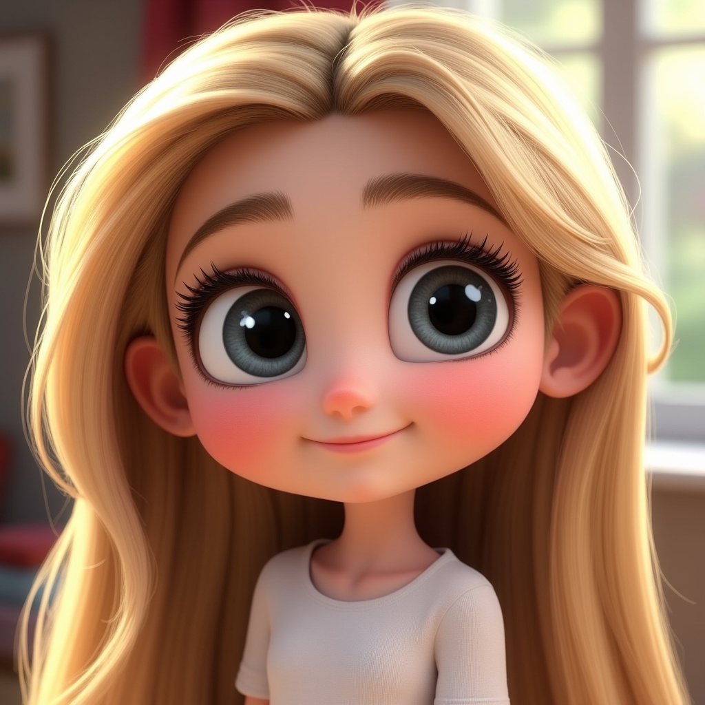 a cute character with big  expressive grey eyes, long blonde hair, disney pixar style