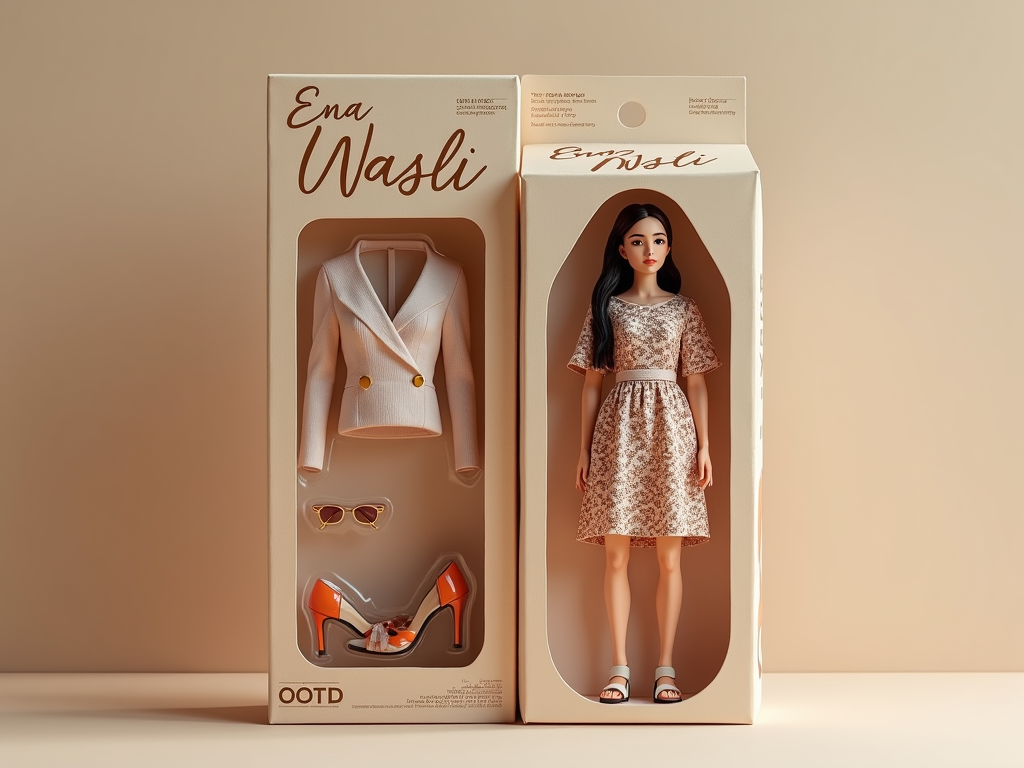 Create a toy of the person in the photo, let it be an action figure, next to the figure, there should be a toy equipment like a heels, baju kebaya,kain batik, women sunglasses, On the top of the box, write “Ena Wasli” And underneath it “Ena OOTD” visualize this in a realistic way. Make the blister pack with minimalist songket theme.