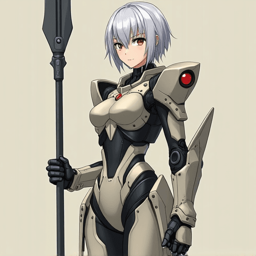 anime style image full body long distance cyborg mech pilot body suit woman haven trooper mgs4 style short silver hair holding a futuristic great spear metal plate style with gray black beige color scheme