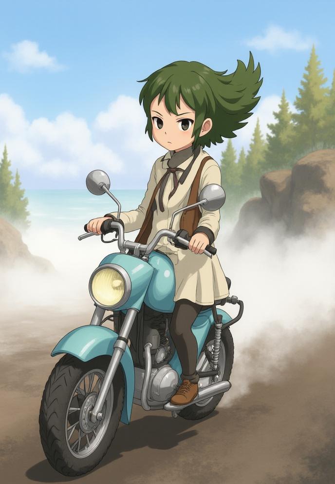 ghibli style montado en una moto 