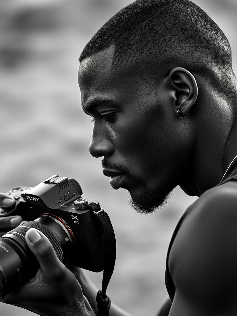 Create a high contrast portrait photo of an African travel photographer focusing on my head, face and the camera in hand in action. This should be black and white. 
4k HD Quality.
The camera should be a Sony A7iv and a telephoto lens. 
I am 6.2ft and athletic body type. I have piercing with black earrings. 

Generate a side profile image of him in action 