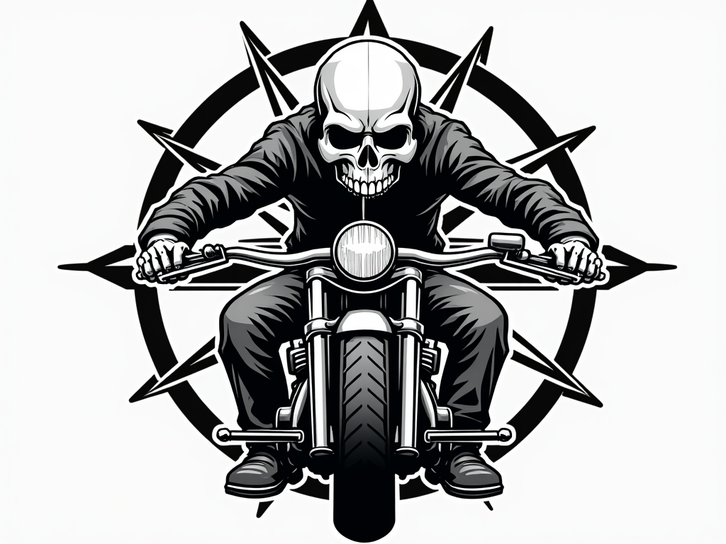 front view of a skull riding a harley davidson with ape-hanger handlebar, a compass on background, circular design, simple vector shapes, isolated in white background, logo design
