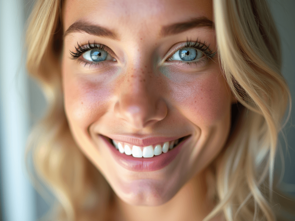 a hyper realistic closeup face portrait of a beautiful blue eyes perfect white teeth light freckled skin beautiful  full blonde hair neutral background perfect lighting vibrant colors perfect saturation stunning quality professional camera cristal clear 
copy
